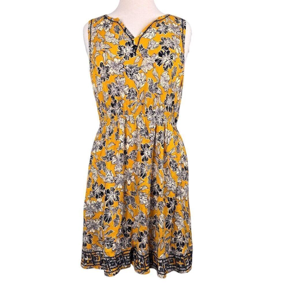 Market & Spruce Women's Size L Yellow Floral Embroidered Sleeveless Dress